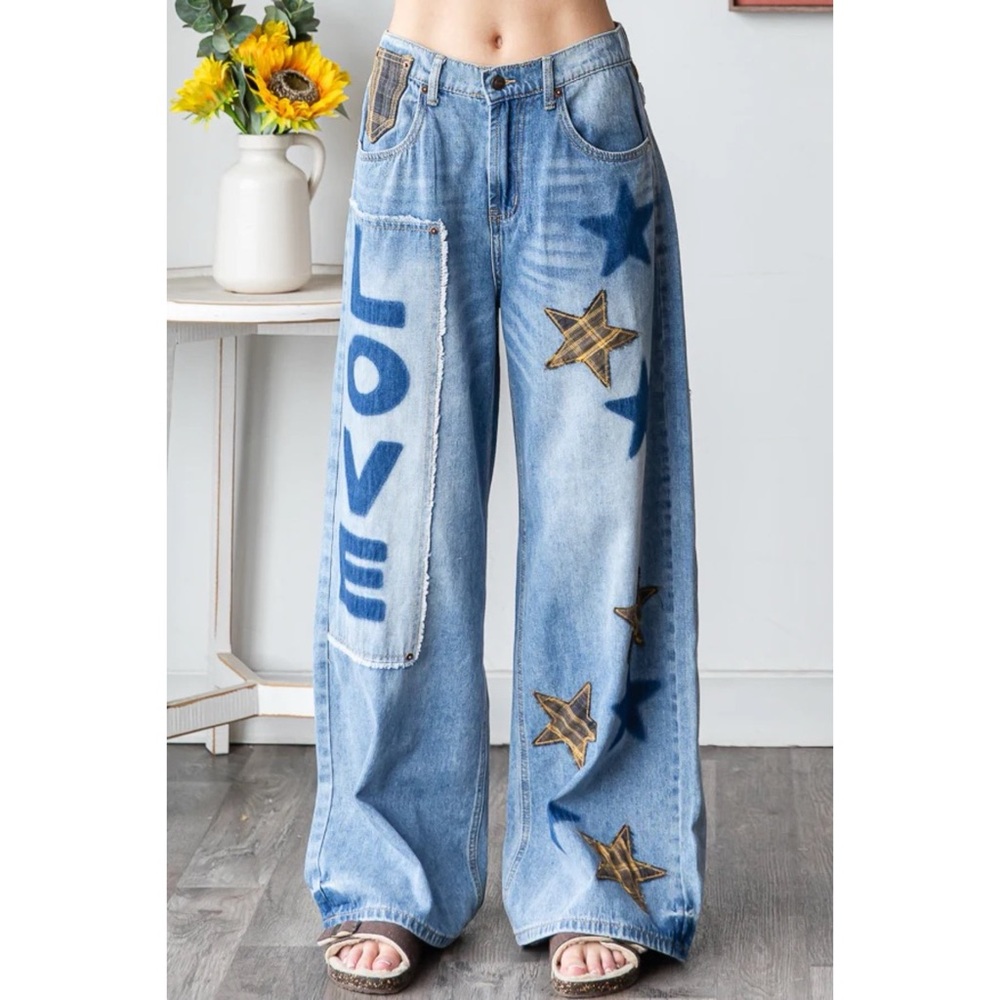 Oli & Hali Washed Star Love Patchwork Jeans with Plaid